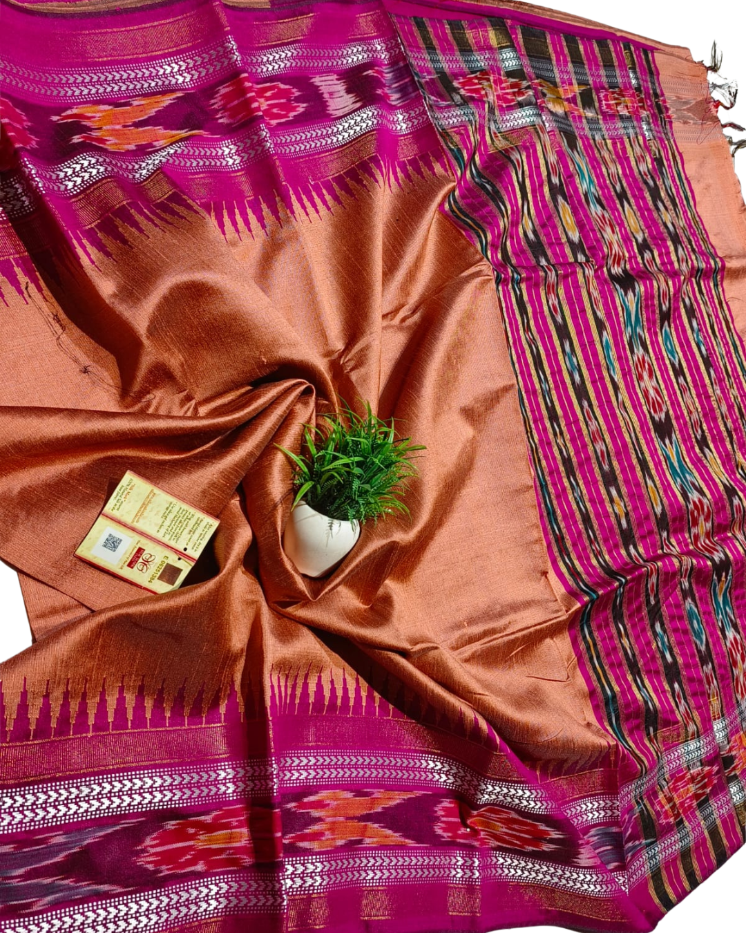 Pure Raw Silk Handloom Ikkat Saree | Vidarbha Temple Border with Contrast Blouse