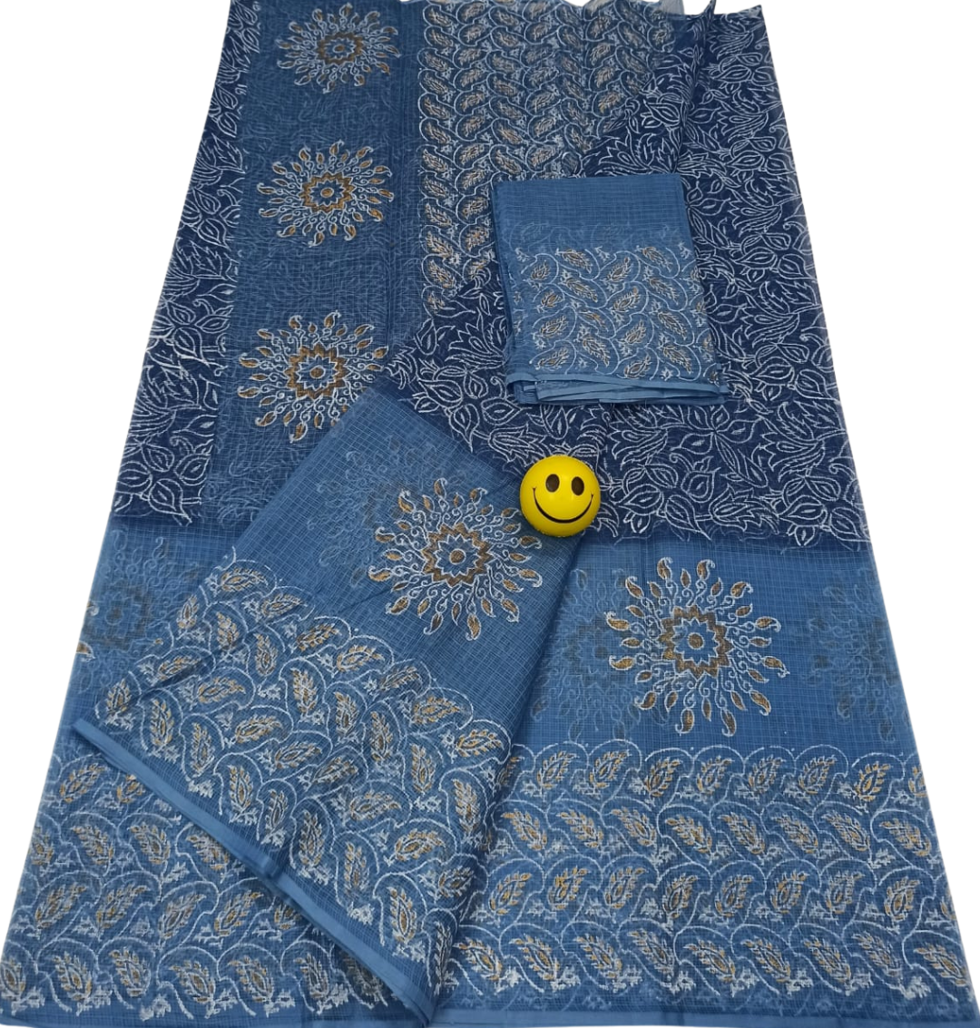 Pure Cotton Kota Doria Hand Block Print Saree with Contrast Blouse