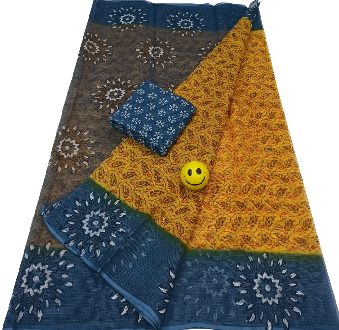 Pure Cotton Kota Doria Hand Block Print Saree with Contrast Blouse
