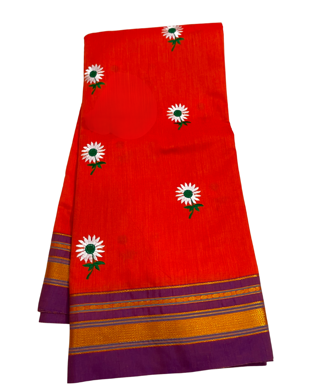 Red fabric with white floral patterns and purple and orange stripes on a white background