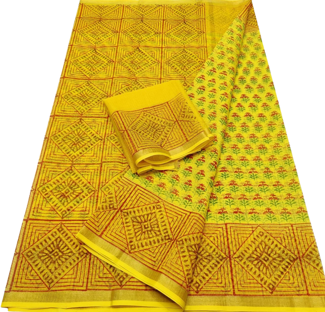 Yellow Kota Doria Block Print Cotton Handloom Saree | Summer Saree | Rajasthan