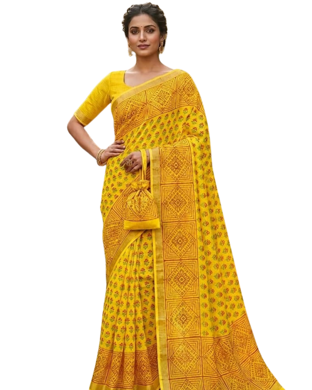 Yellow Kota Doria Block Print Cotton Handloom Saree | Summer Saree | Rajasthan