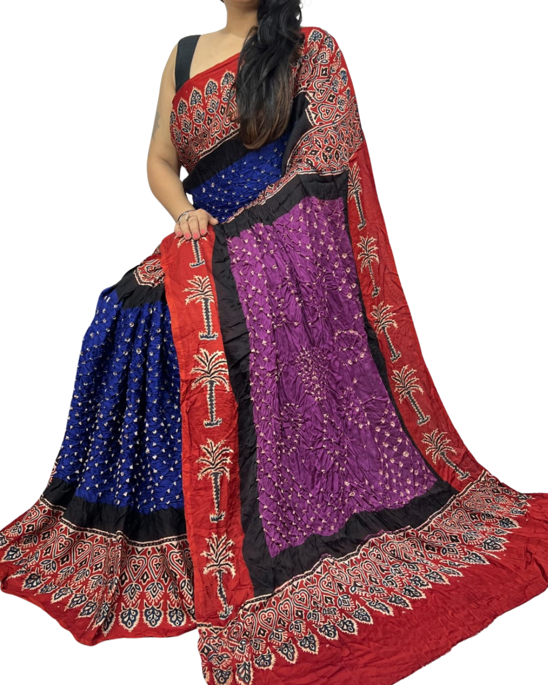 Colorful saree with intricate patterns on a white background