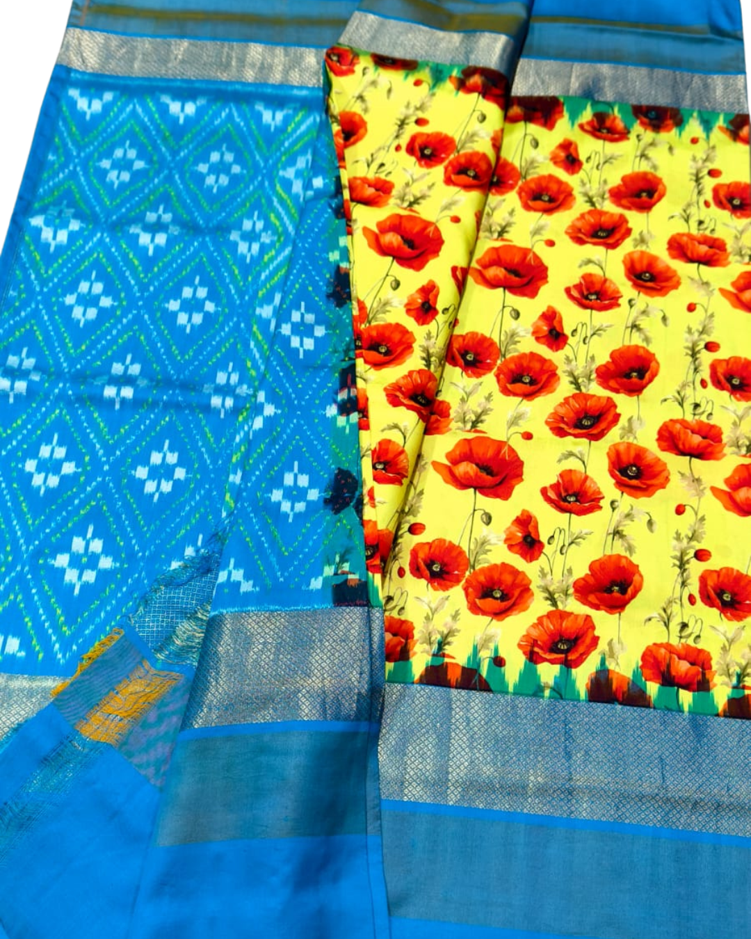 Ikkat Silk Saree with Floral Pallu & Kanchi Zari Border | Pure Pattu Handloom