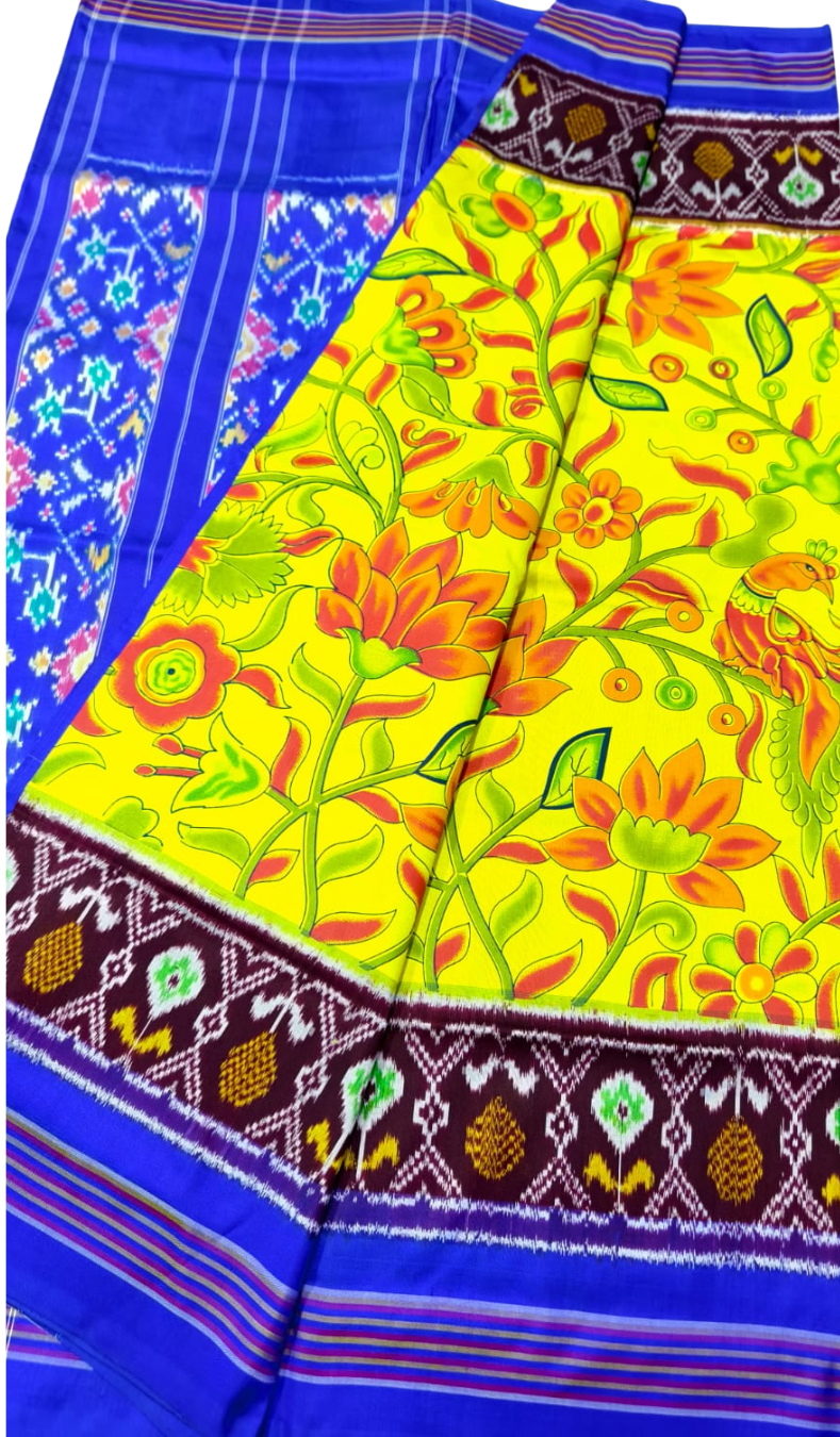Royal Blue Yellow Ikkat Silk Saree | Tropical Floral Pallu & Ikkat Border | Pure Pattu Handloom