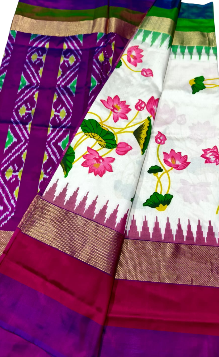 White Magenta Ikkat Silk Saree | Lotus Floral Pallu & Kanchi Zari Border | Pure Pattu Handloom