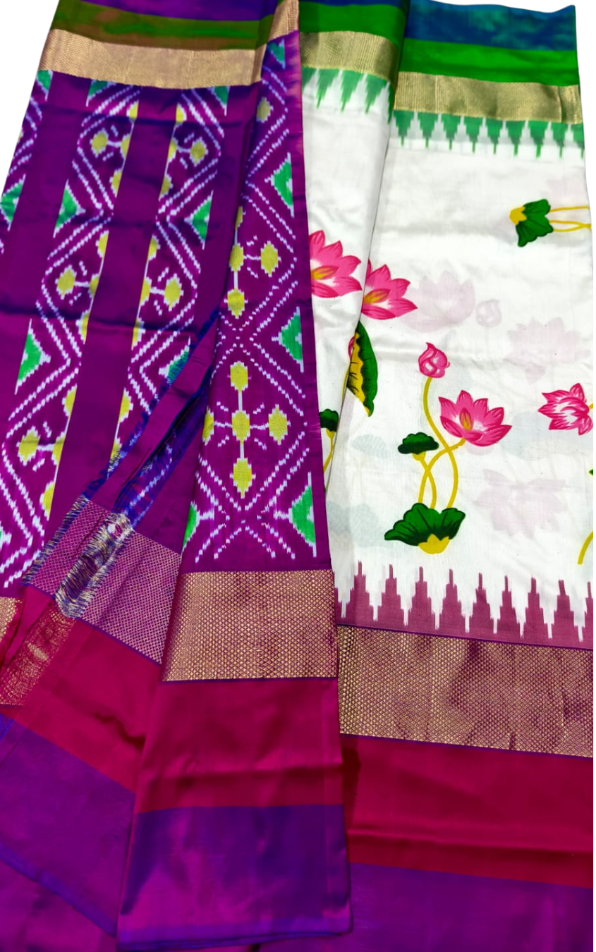 White Magenta Ikkat Silk Saree | Lotus Floral Pallu & Kanchi Zari Border | Pure Pattu Handloom