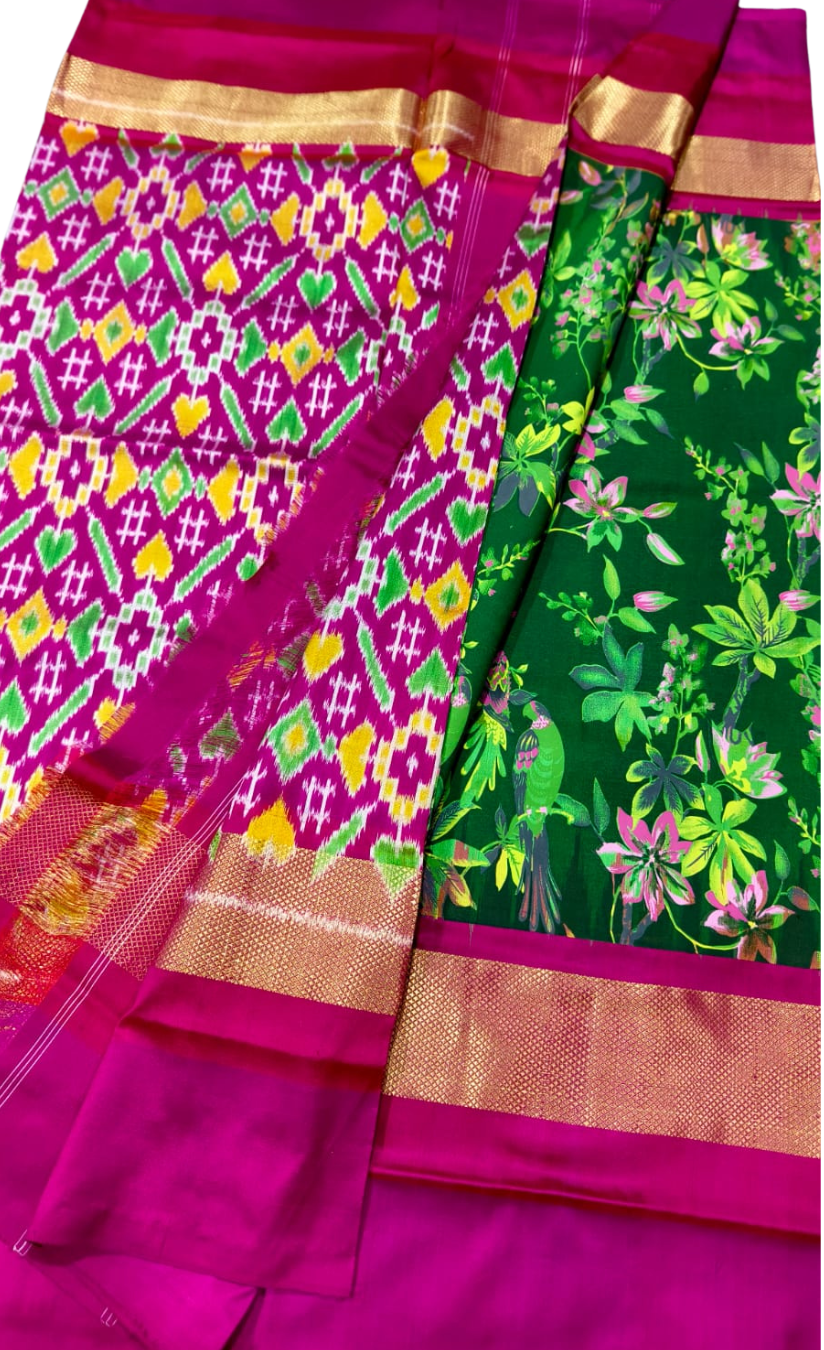 Magenta Dark Green Ikkat Silk Saree | Tropical Floral Pallu & Kanchi Zari Border | Pure Pattu Handloom