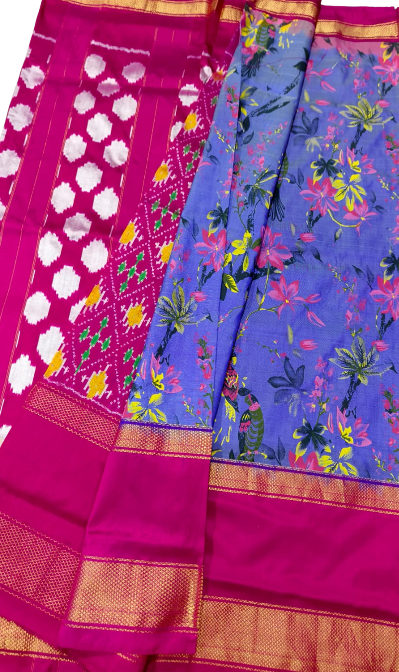 Lavender Pink Ikkat Silk Saree | Floral Pallu & Kanchi Zari Border | Pure Pattu Handloom