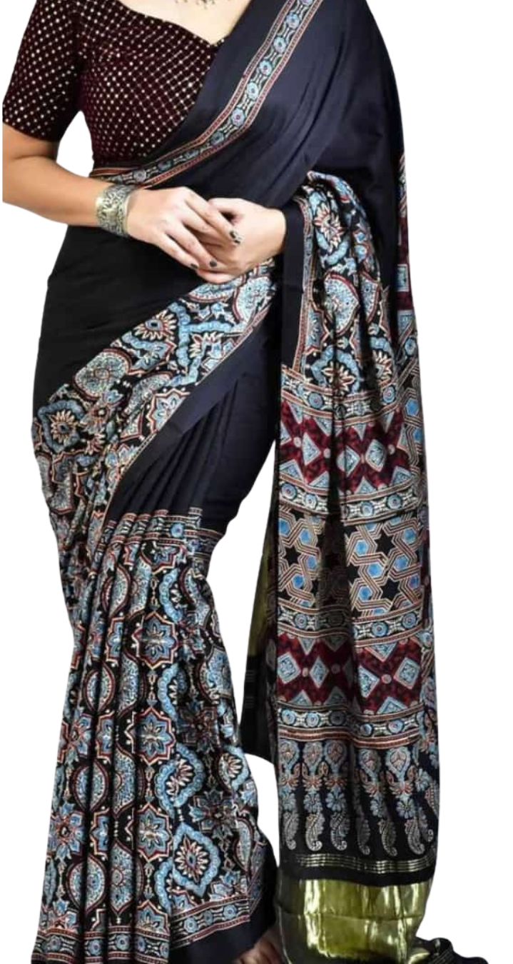 Gujarat Handloom Saree – Pure Modal Silk Authentic Ajrakh Hand Block Print Saree