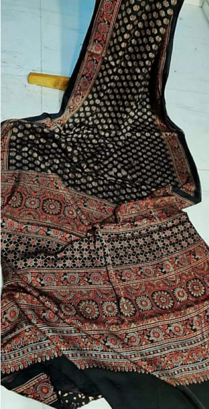 Gujarat Handloom Saree – Pure Modal Silk Authentic Ajrakh Hand Block Print Saree