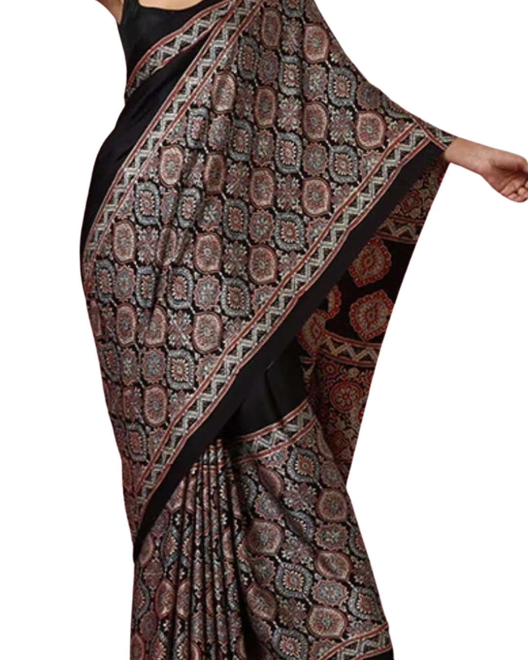 Pure Modal Silk Authentic Ajrakh Hand Block Print Saree