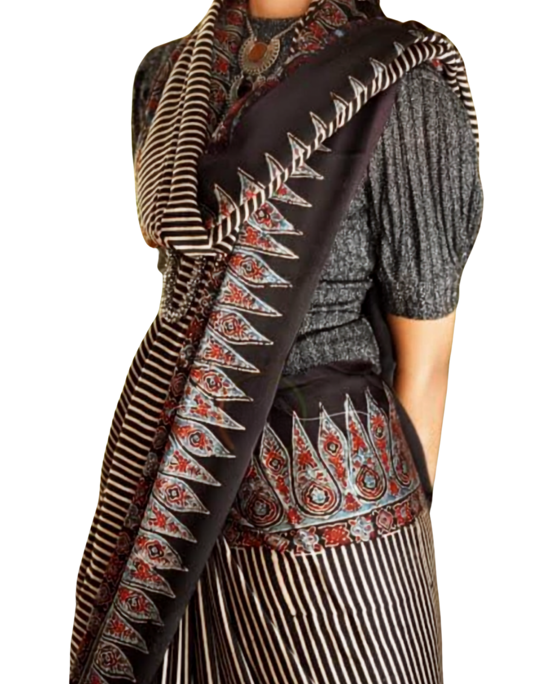 Pure Modal Silk Authentic Ajrakh Hand Block Print Saree
