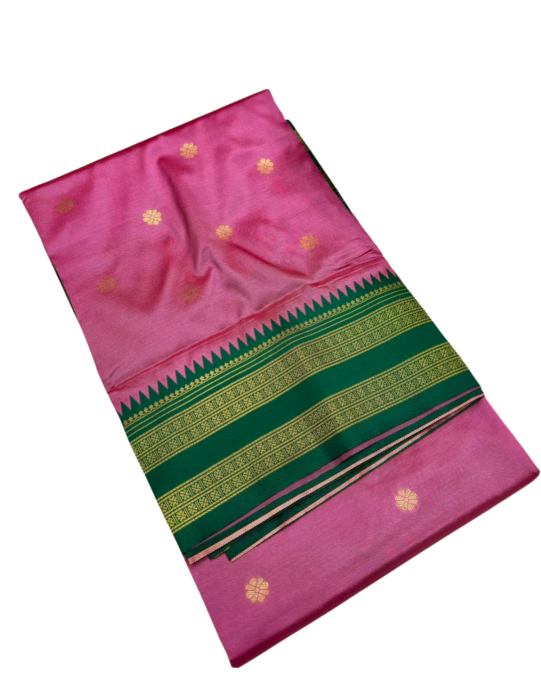 Narayanpeth Paithani Half Silk Saree | All Over Gold Zari Butti | Pink & Olive