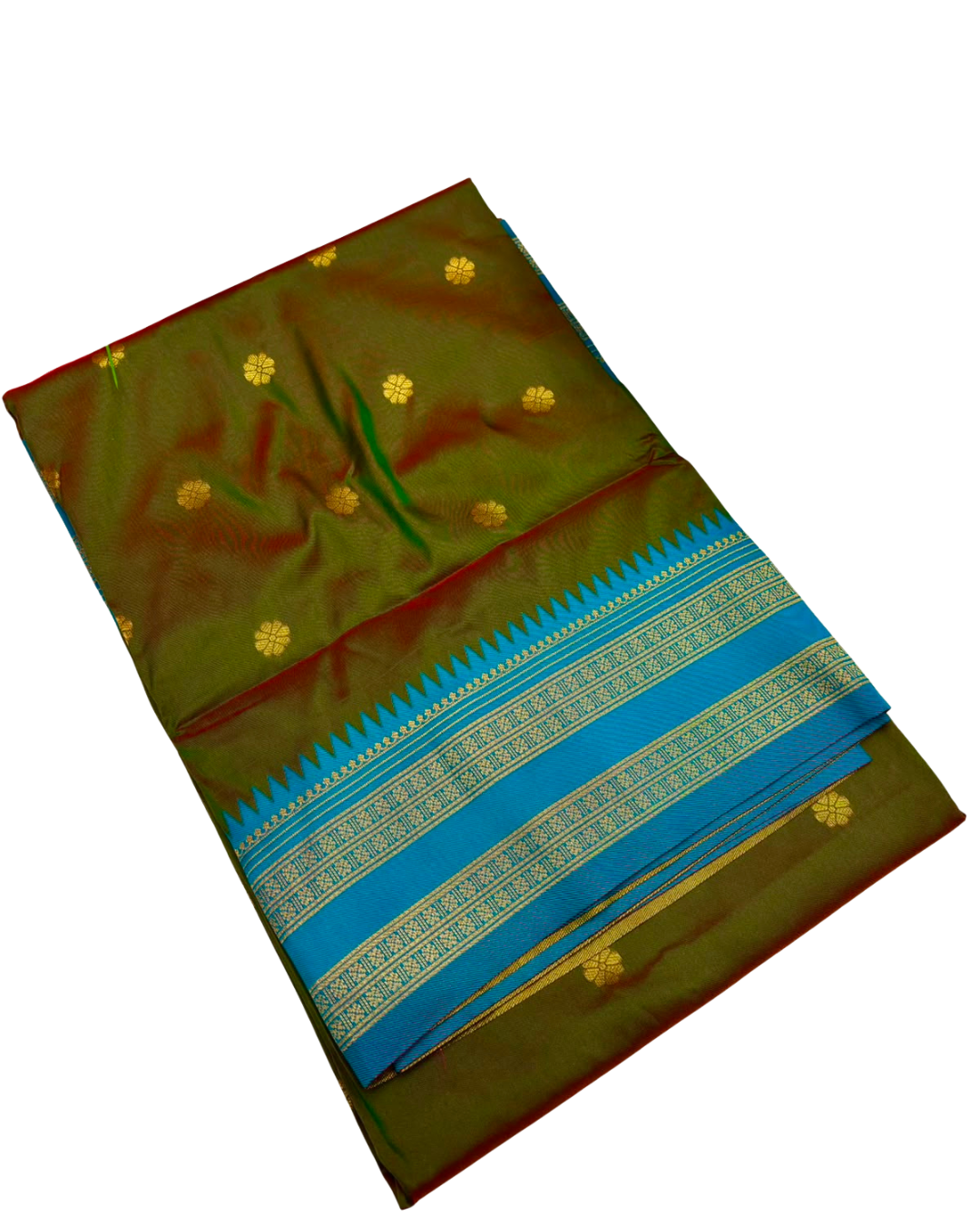 Narayanpeth Paithani Half Silk Saree | All Over Gold Zari Butti | Pink & Olive