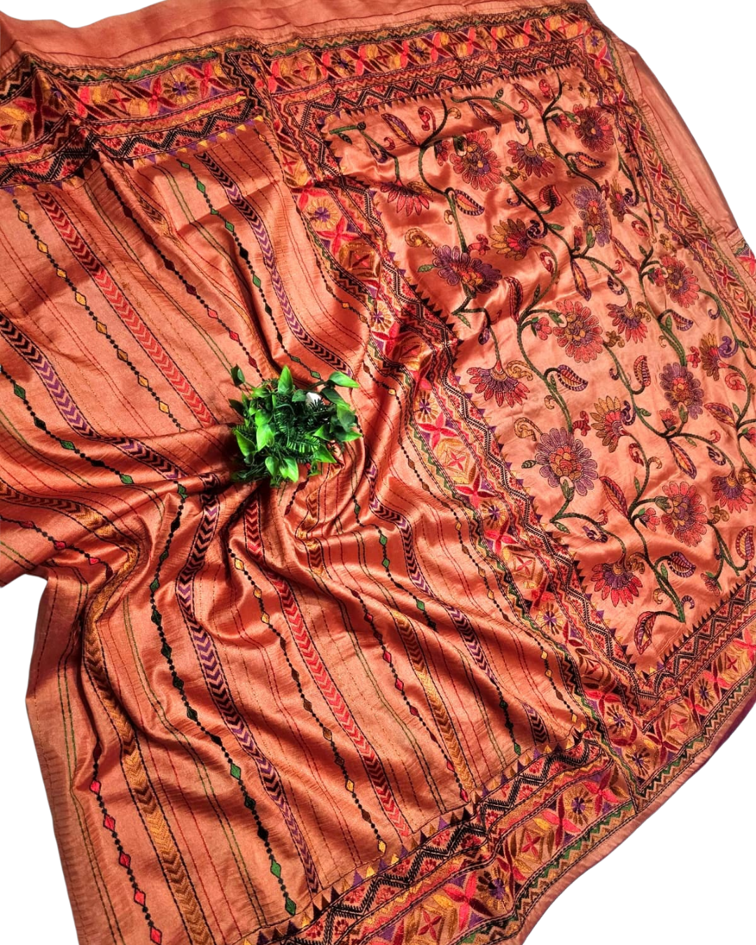 Rust Terracotta Chhattisgarh Handloom Semi Tussar Saree | Kashmiri Kantha Embroidery | Party & Wedding Saree