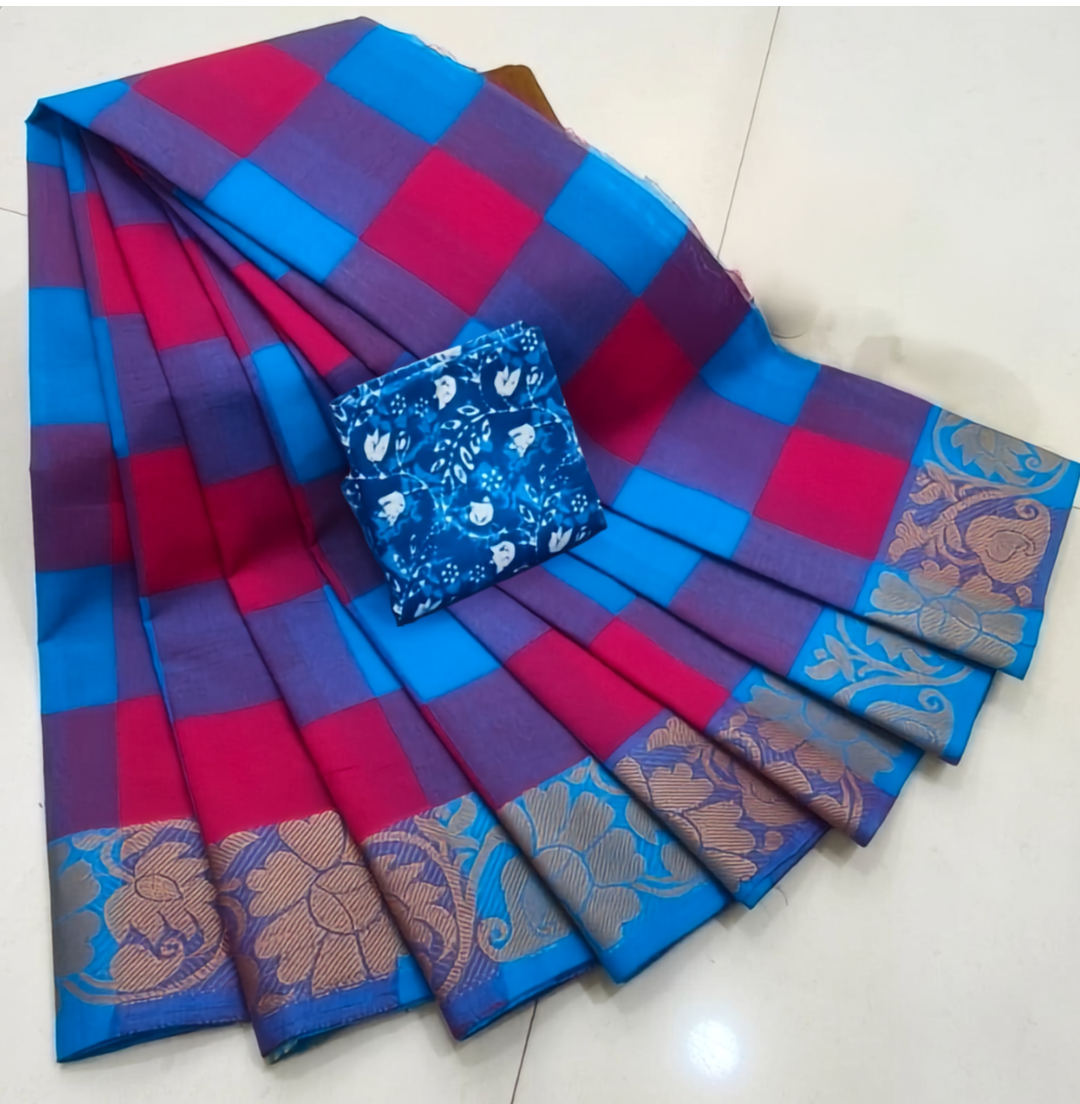 Chettinad Handloom Cotton Saree With Contrast Kalamkari Blouse Piece