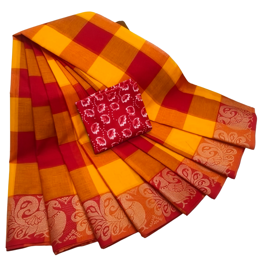 Chettinad Handloom Cotton Saree With Contrast Kalamkari Blouse Piece | Mustard Yellow & Red Check
