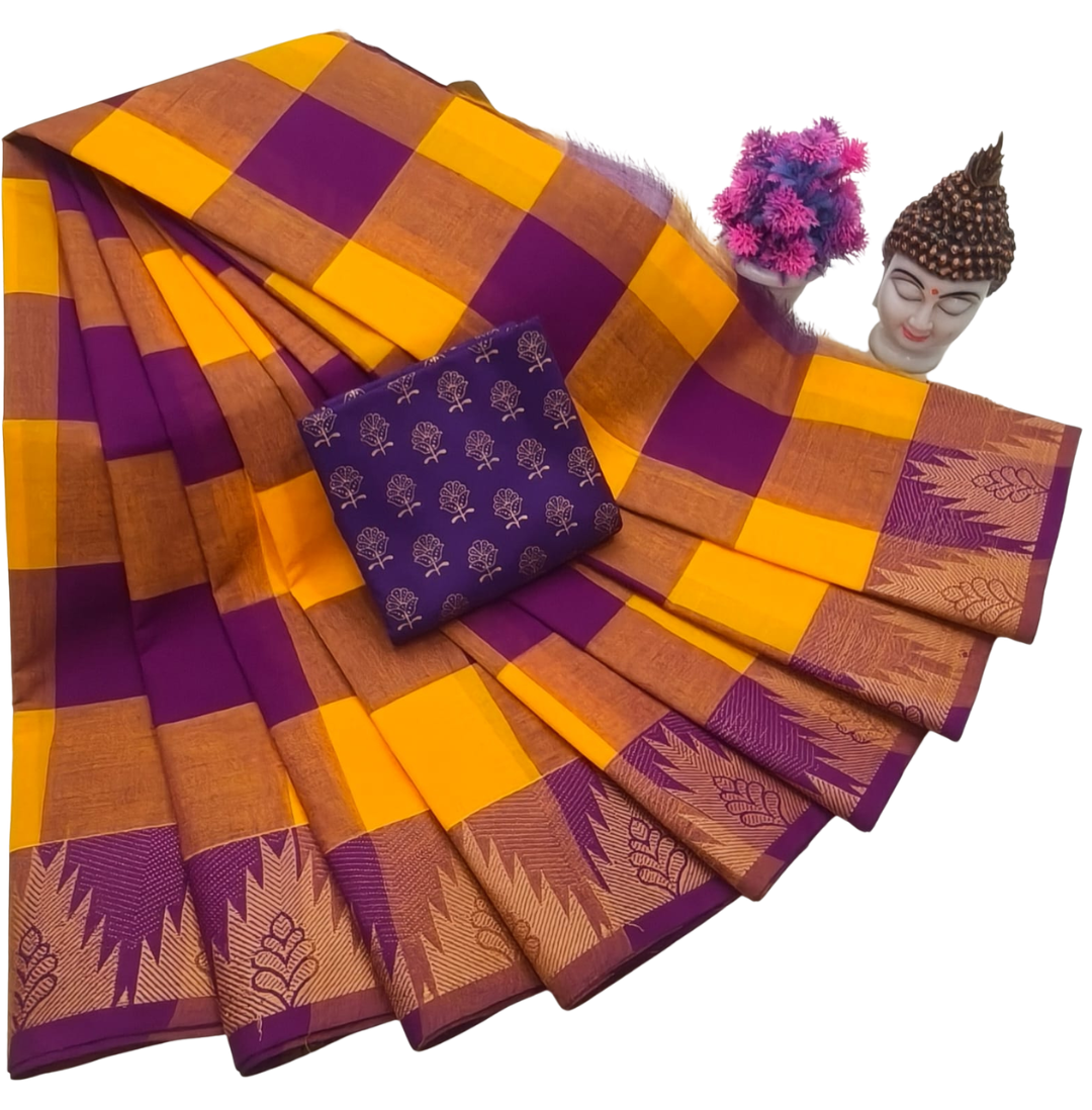 Chettinad Handloom Cotton Saree | Mustard Yellow & Purple Check with Contrast Kalamkari Blouse