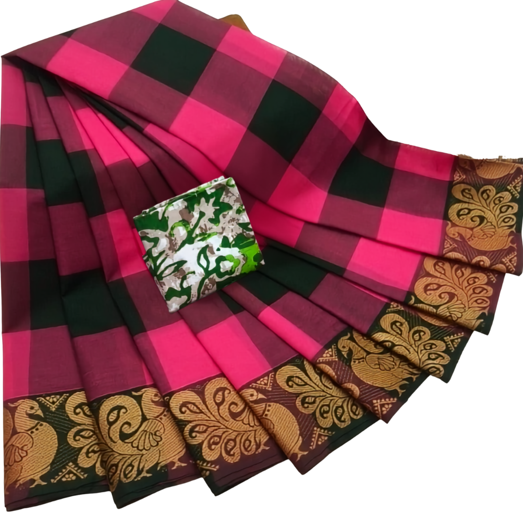 Chettinad Handloom Cotton Saree With Kalamkari Blouse | Hot Pink & Black Check