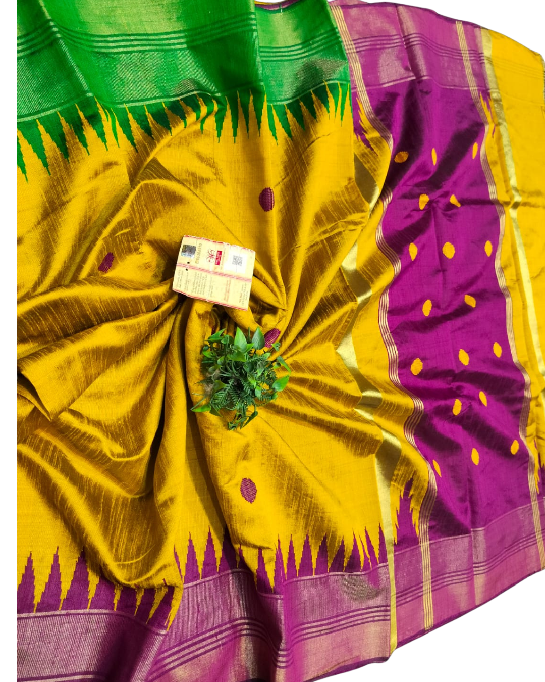 Pure Raw Silk Chhattisgarh Handloom Saree with Temple Border & Coin Buta
