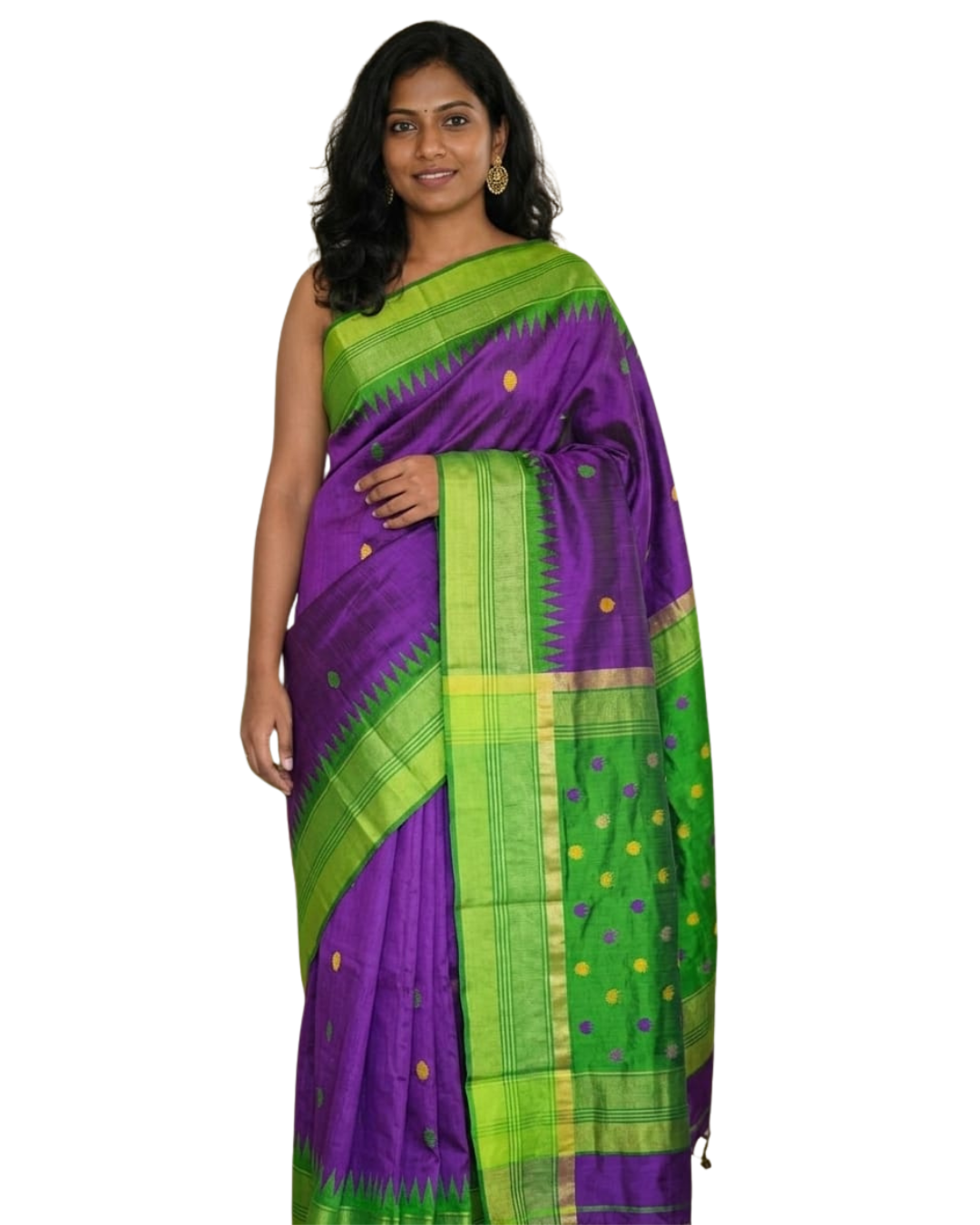 Pure Raw Silk Chhattisgarh Handloom Saree with Temple Border & Coin Buta