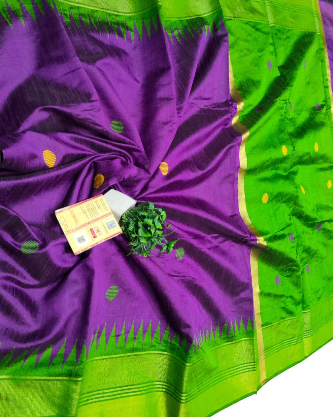 Pure Raw Silk Chhattisgarh Handloom Saree with Temple Border & Coin Buta