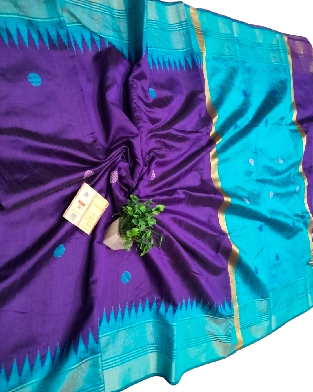 Pure Raw Silk Chhattisgarh Handloom Saree with Temple Border & Coin Buta