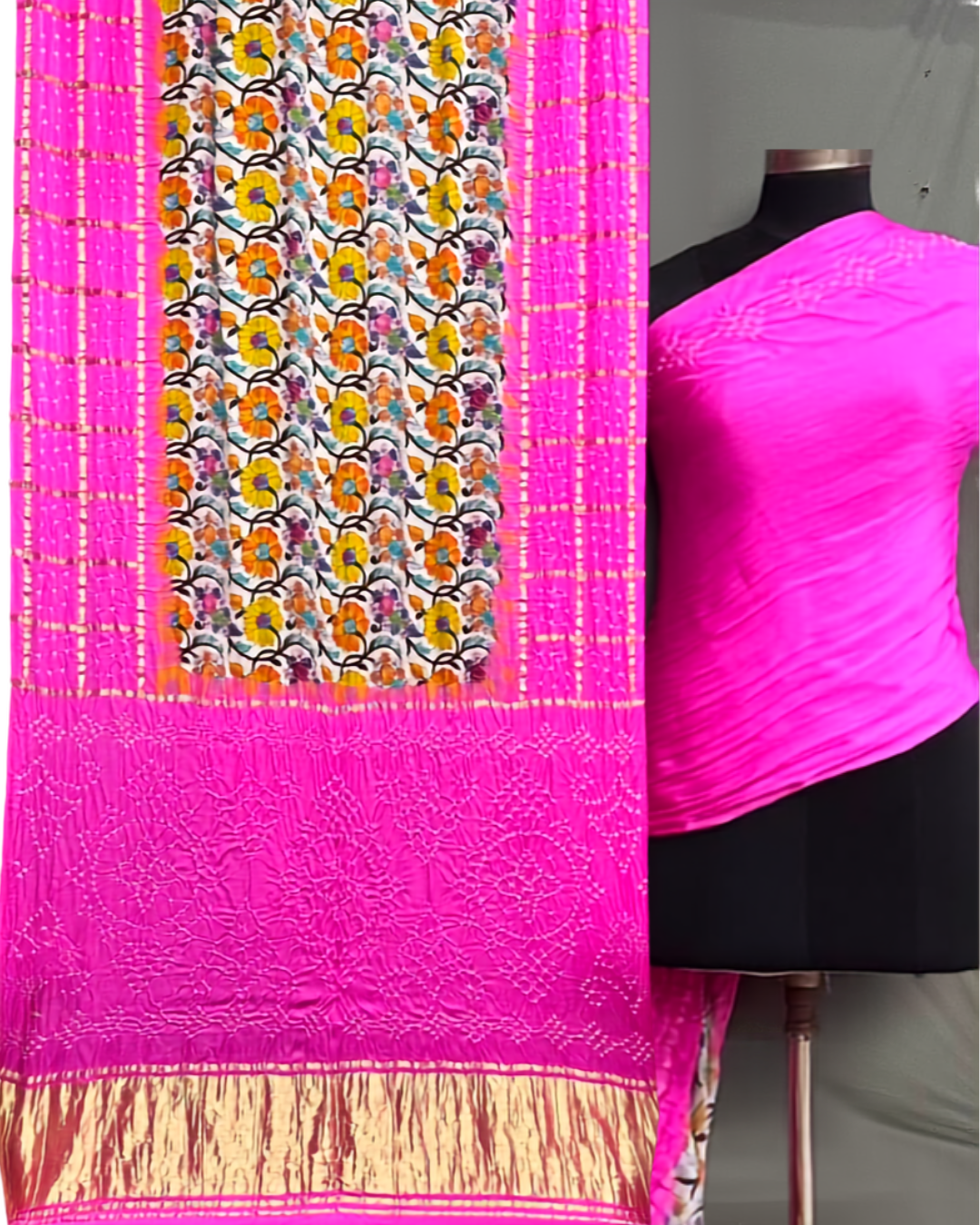 Pure Modal Silk Gharchola Bandhej Saree With Contrast Blouse | Kalamkari Print & Hand Tie & Dye