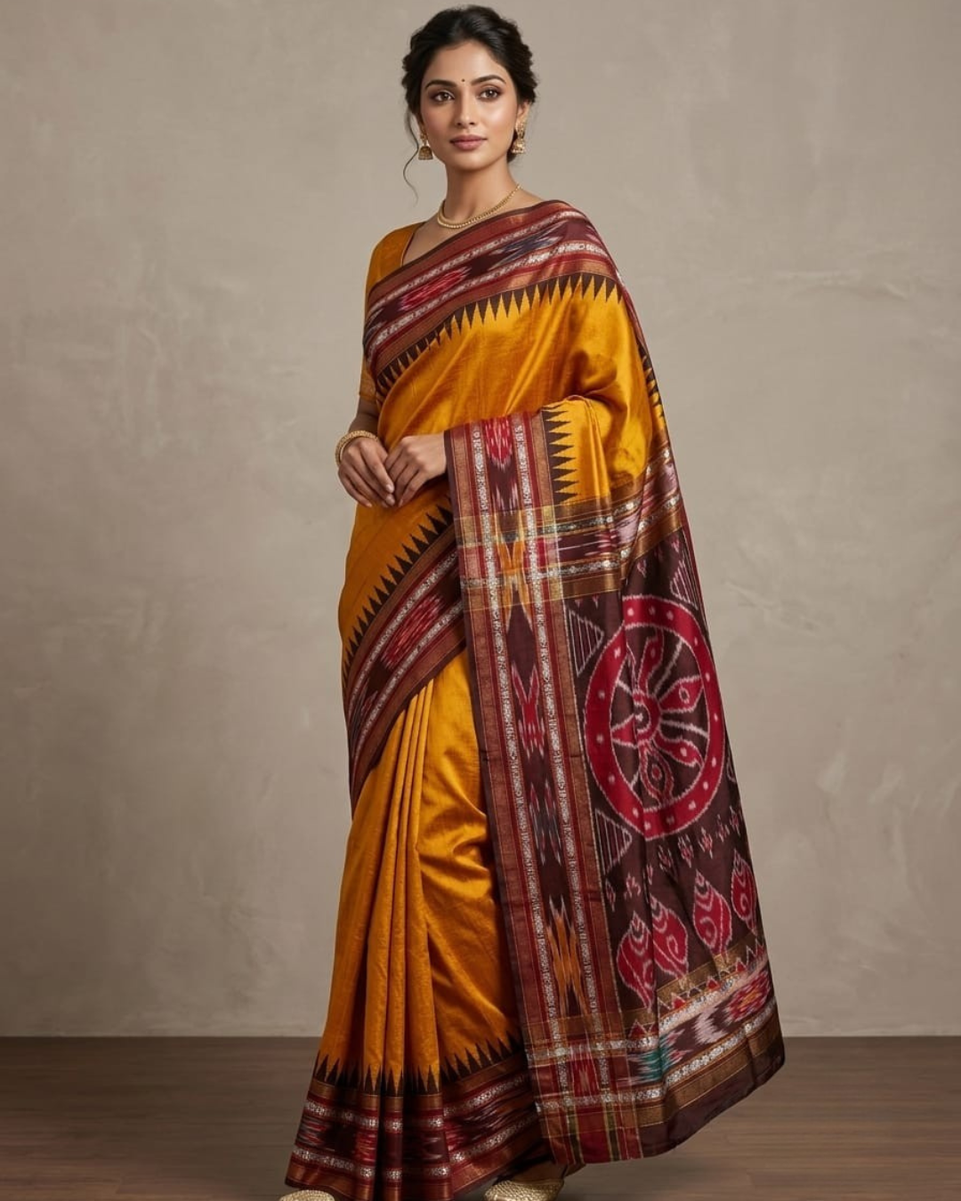 Pure Raw Silk Handloom Ikkat Saree | Vidarbha Temple Border & Contrast Blouse | Chhattisgarh Handloom
