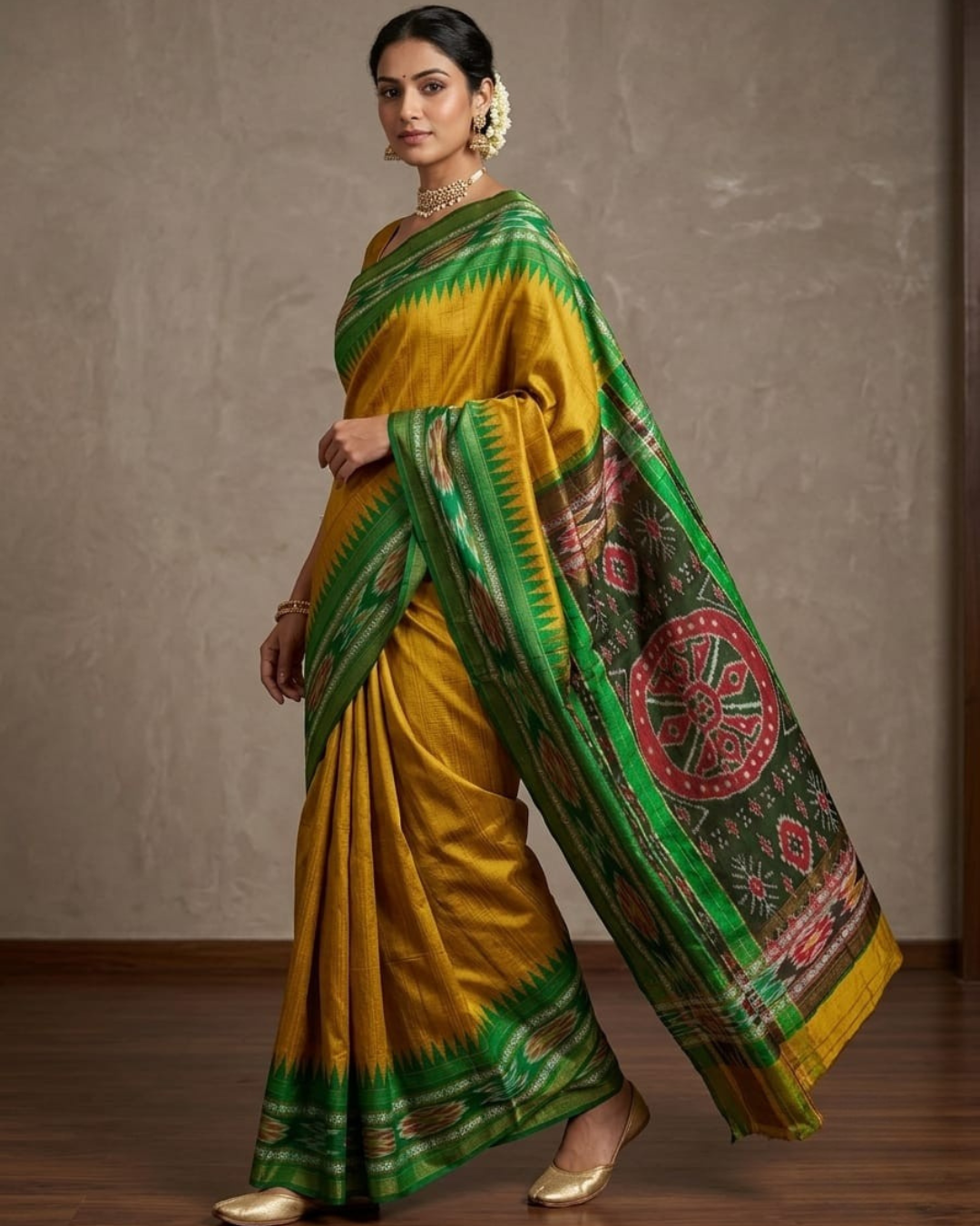 Mustard & Green Pure Raw Silk Handloom Ikkat Vidarbha Temple Border Saree | Chhattisgarh Handloom