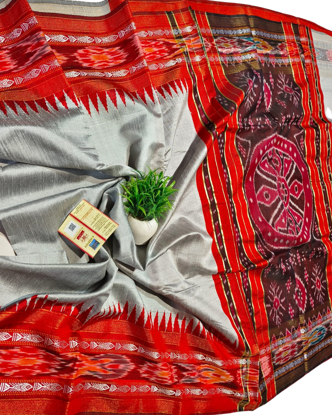 Pure Raw Silk Handloom Ikkat Saree | Vidarbha Temple Border & Contrast Blouse | Chhattisgarh Handloom