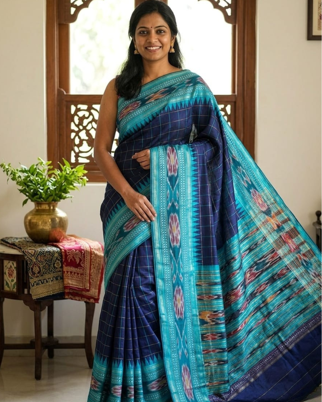 Woman wearing a blue and green saree in a room with a decorative plant and table.