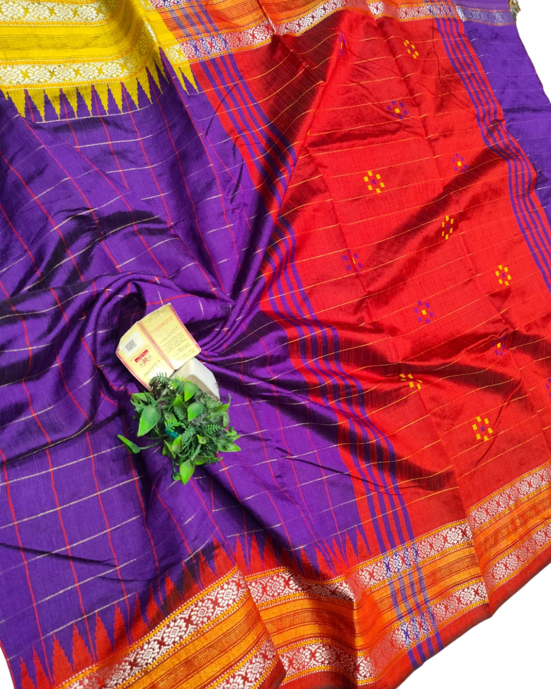 Chhattisgarh Handloom Raw Silk Saree | Purple Check Body with Vidarbha Temple Border & Ikkat Pallu