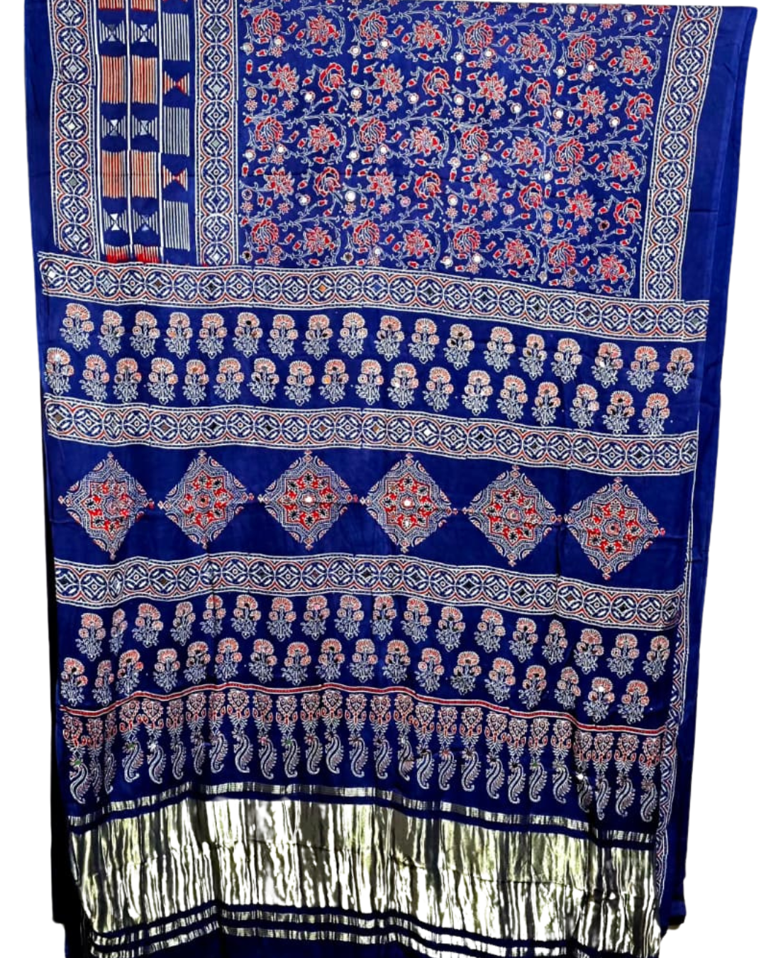 Authentic Ajrakh Pure Modal Silk Mirror Work Hand Block Printed Saree with Tissue Pallu