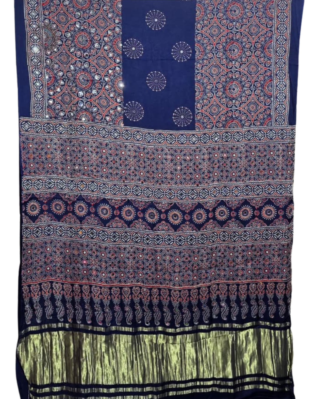 Authentic Ajrakh Pure Modal Silk Mirror Work Hand Block Printed Saree – Deep Blue