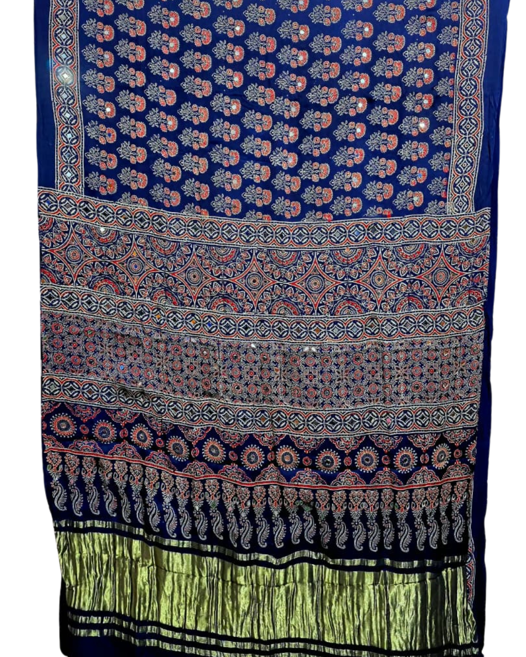 Authentic Ajrakh Pure Modal Silk Mirror Work Hand Block Printed Saree – Blue
