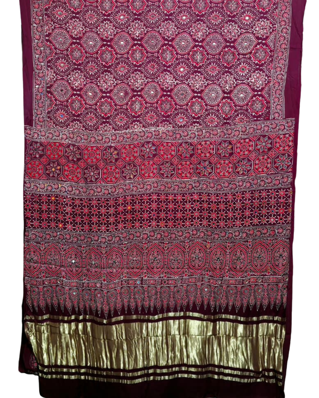 Authentic Ajrakh Pure Modal Silk Mirror Work Hand Block Printed Saree – Maroon