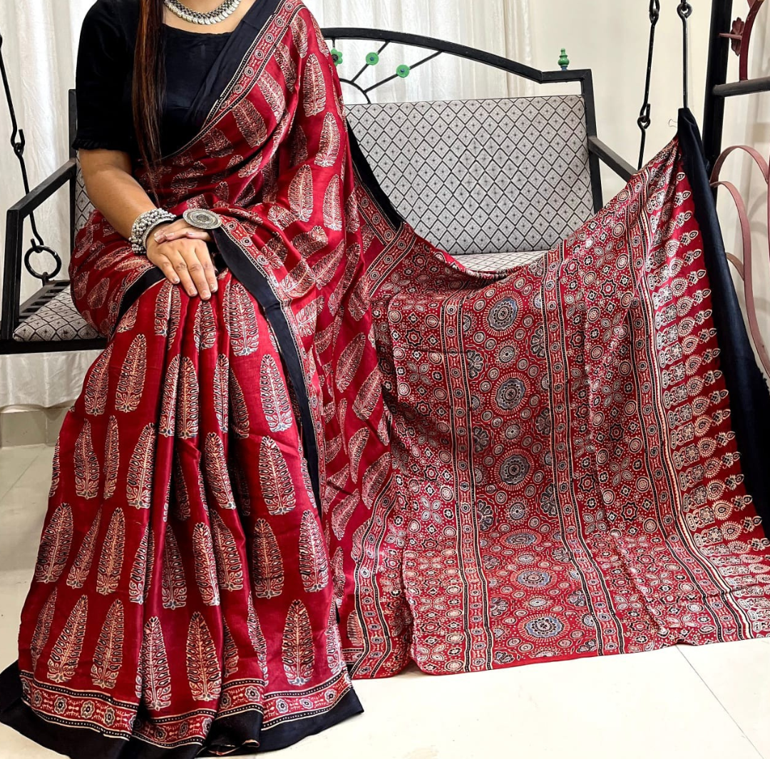 Authentic Ajrakh Pure Modal Silk Saree | Natural Vegetable Dyed Hand Block Print