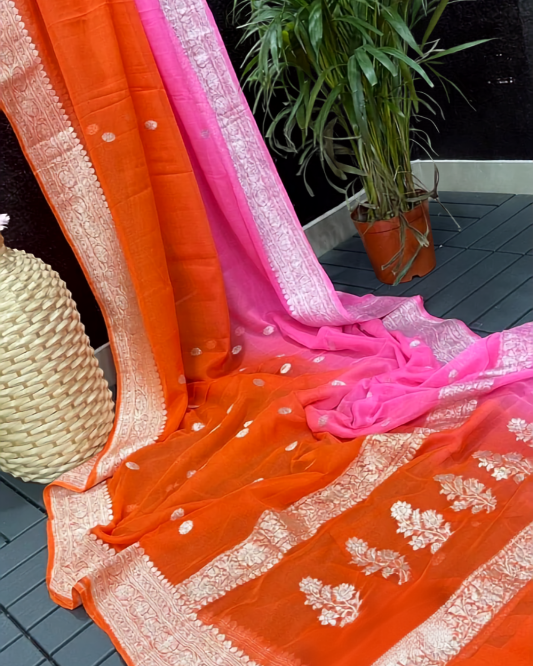 Authentic Banarasi Khaddi Georgette Handloom Saree | Silver Zari Butta