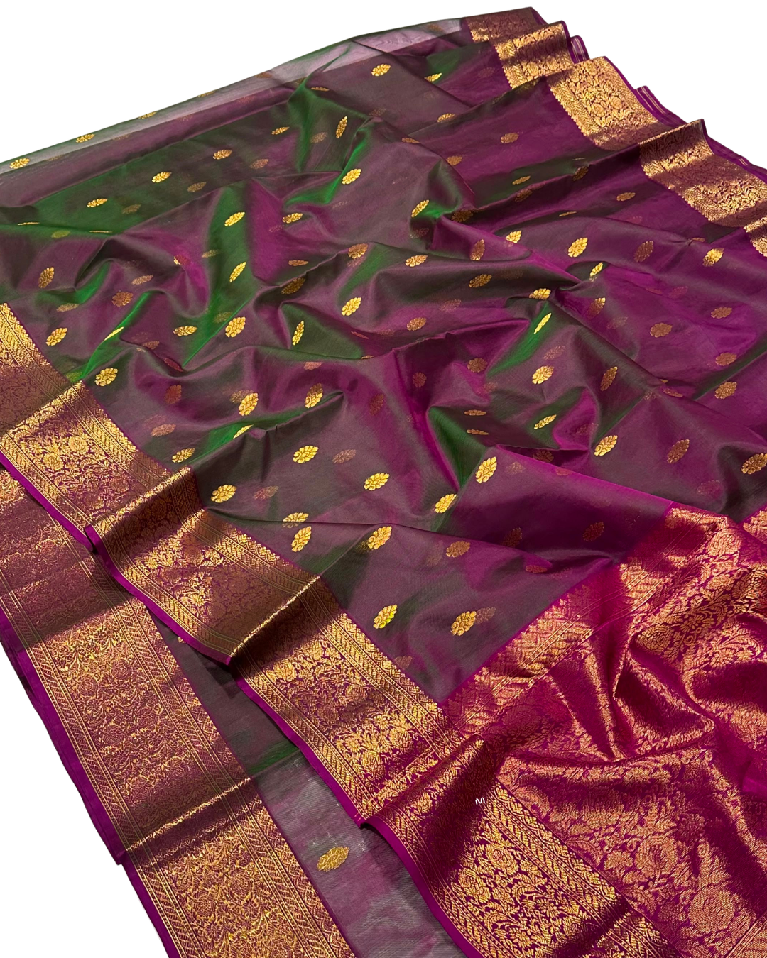 Authentic Chanderi Katan Silk Handloom Saree | Nakshi Border | Dual Shade
