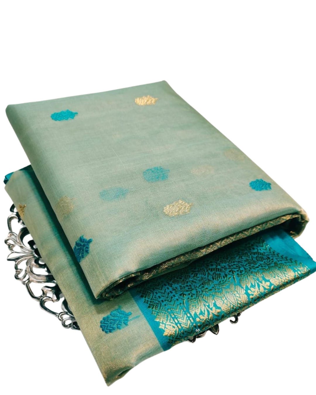 Pure Chanderi Katan Silk Saree | Ivory & Turquoise Nakshi Border