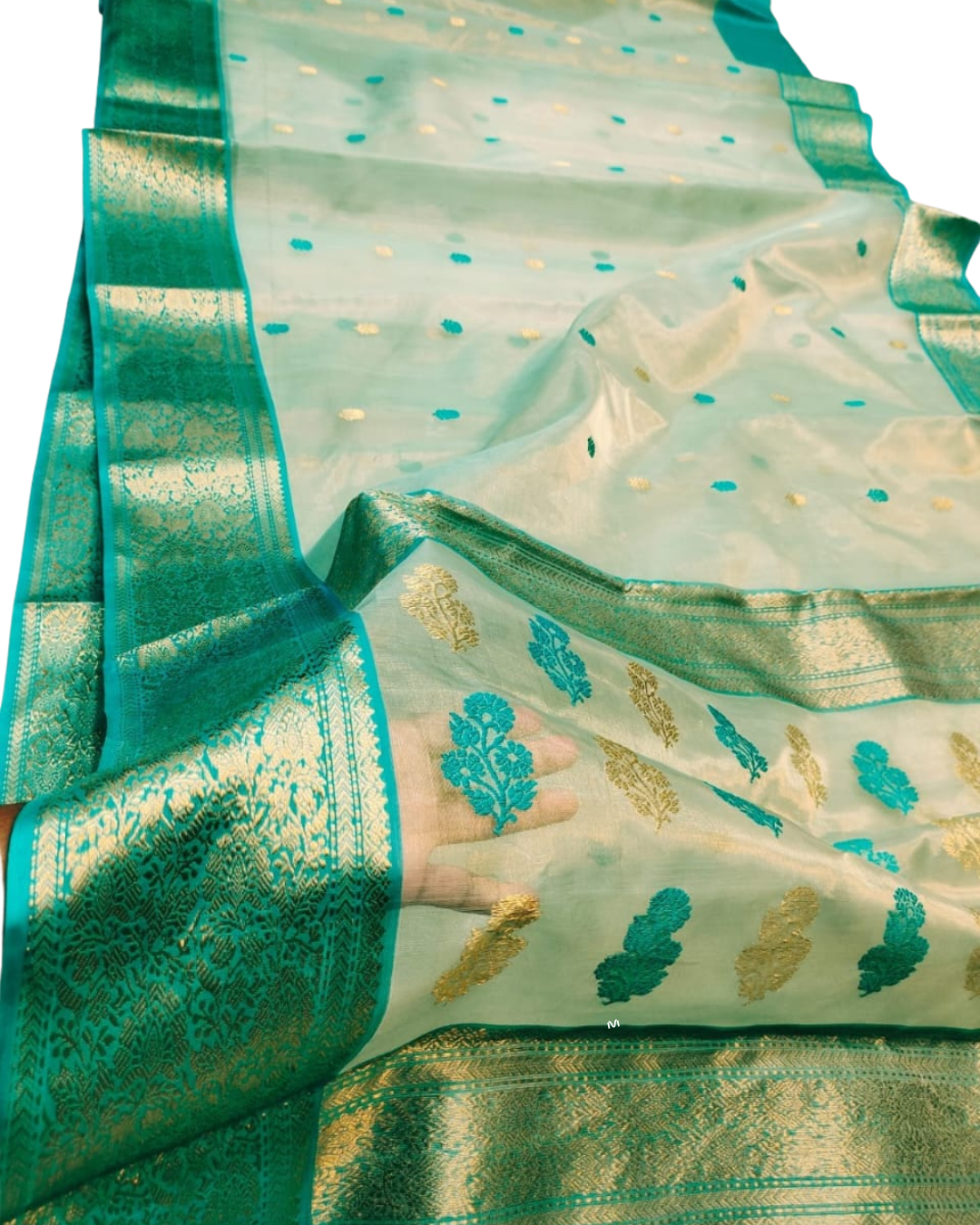Pure Chanderi Katan Silk Saree | Ivory & Turquoise Nakshi Border