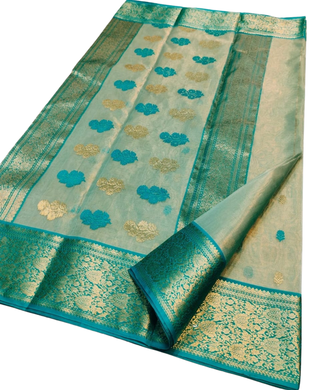 Pure Chanderi Katan Silk Saree | Ivory & Turquoise Nakshi Border