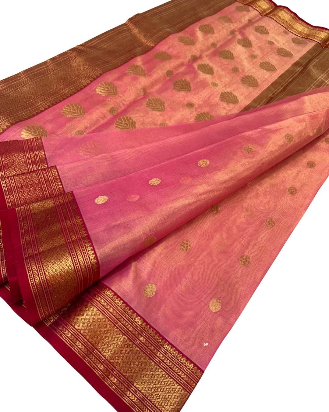Pure Chanderi Katan Silk Tissue Saree | Blush Pink with Red & Golden Nakshi Border