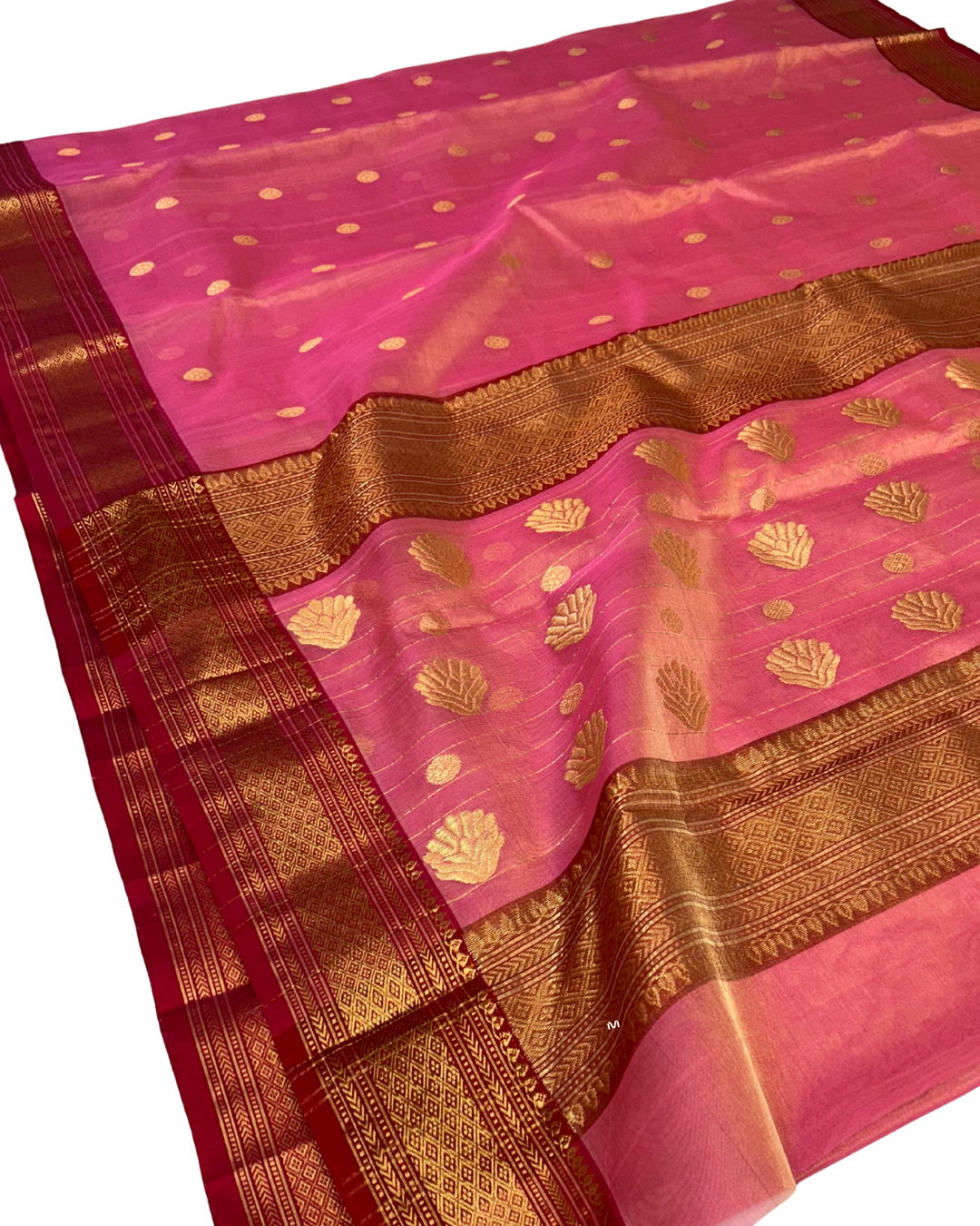 Pure Chanderi Katan Silk Tissue Saree | Blush Pink with Red & Golden Nakshi Border