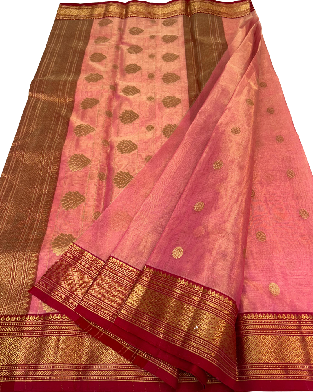 Pure Chanderi Katan Silk Tissue Saree | Blush Pink with Red & Golden Nakshi Border