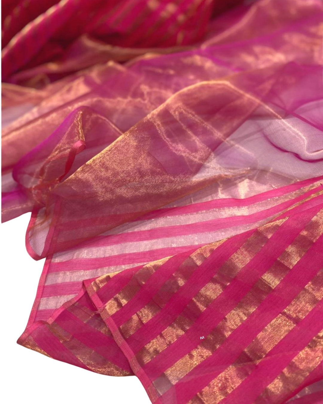 Pure Chanderi Tissue Silk Saree | Elegant Pink with Gold Zari Stripes