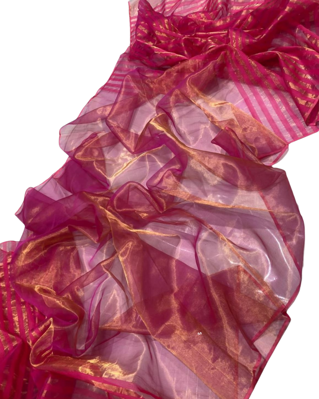 Pure Chanderi Tissue Silk Saree | Elegant Pink with Gold Zari Stripes