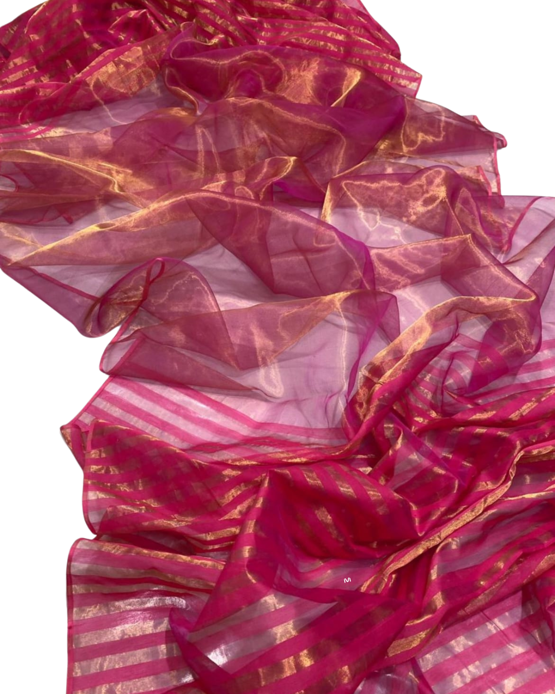 Pure Chanderi Tissue Silk Saree | Elegant Pink with Gold Zari Stripes